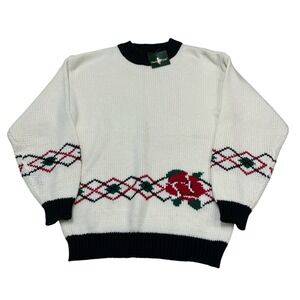 Vintage Hunt Club Sweater Women 22W White Diamond Floral Trim Pullover Office